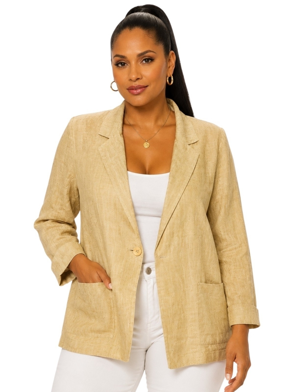 Courtenay Women's Beige Linen Blend One-Button Blazer Jacket Size 12. - Picture 2 of 6